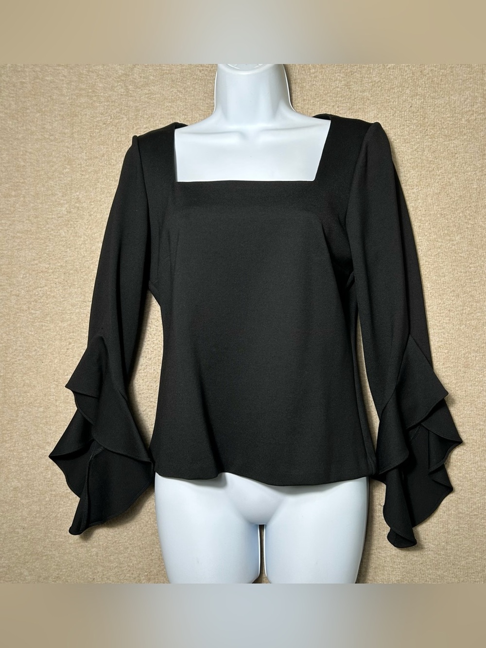 Amanda Uprichard Top Womens Large Black Square Neck Long‎ Bell Sleeves